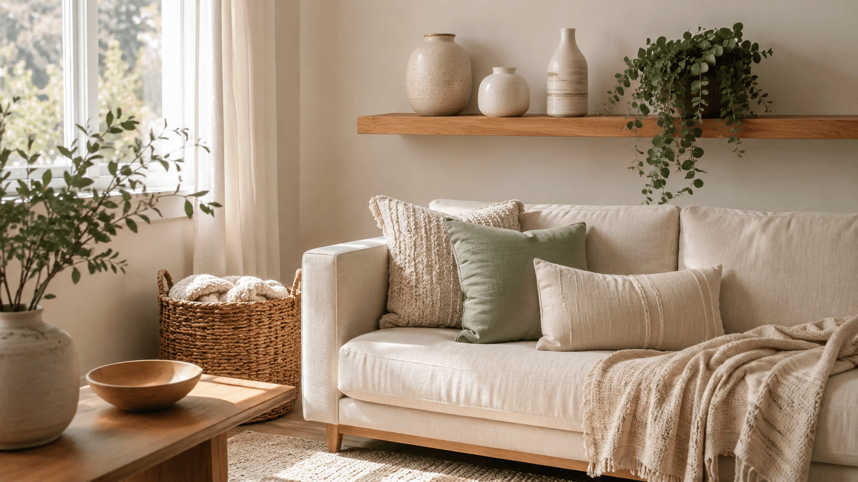 A styled living room corner refreshed with Castlehome cushions, a knit throw, a shelf display and a faux plant