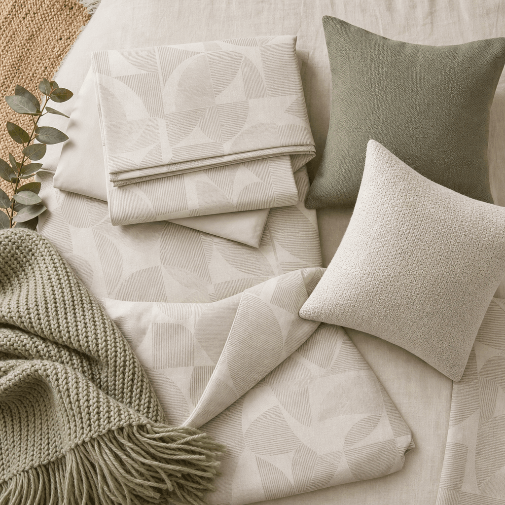 Cosy Bedroom Bundle: geometric bedding set with two cushion covers and a thick knit throw