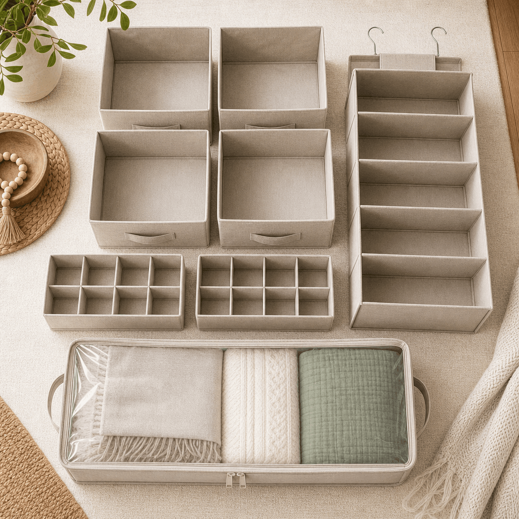 Declutter & Store Bundle: four collapsible boxes, two drawer dividers, a hanging organiser and an under-bed bag