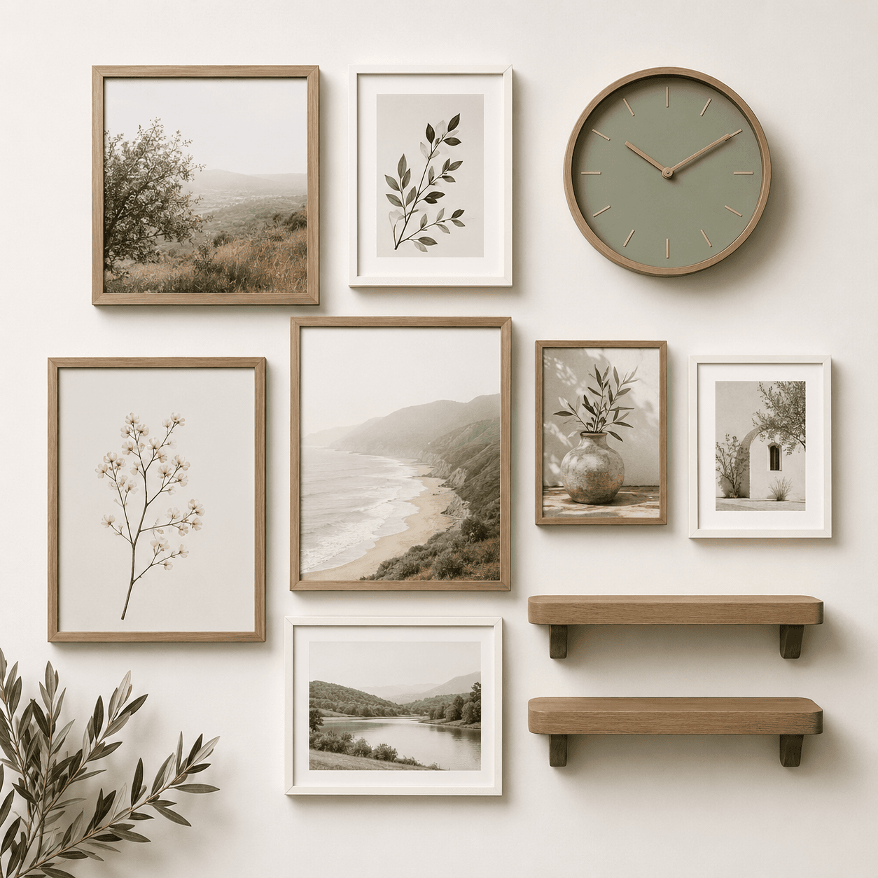 Gallery Wall Set: seven mixed-size frames, a wall clock and two small rated wall shelves