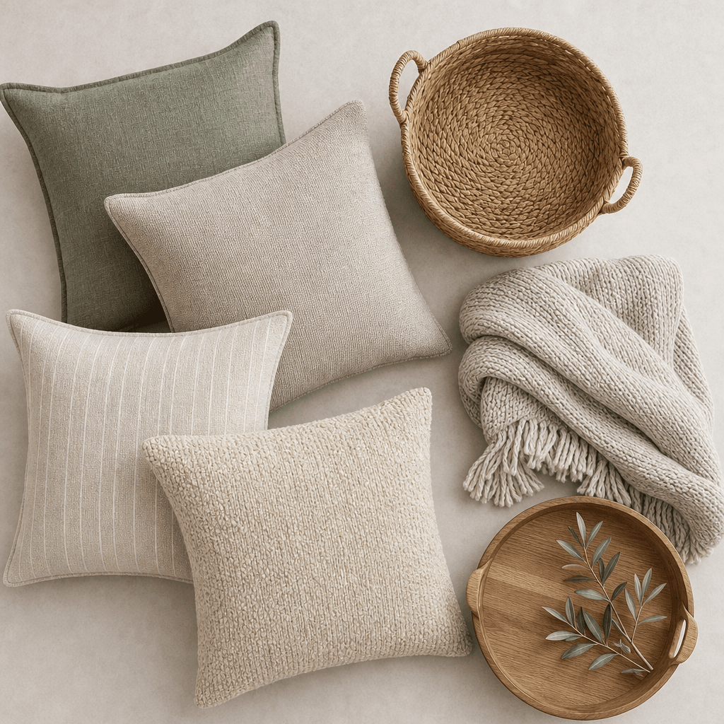 Living Room Refresh Set: four neutral cushion covers, a knit throw, a woven basket and a wooden tray laid out together