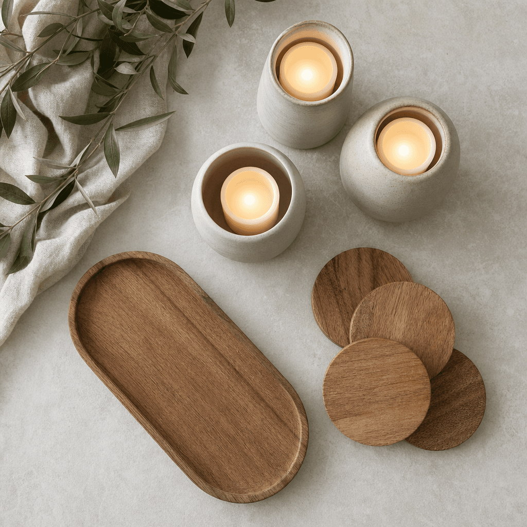 Warm Ambience Set: three holders with flameless LED electronic candles, a tray and four coasters
