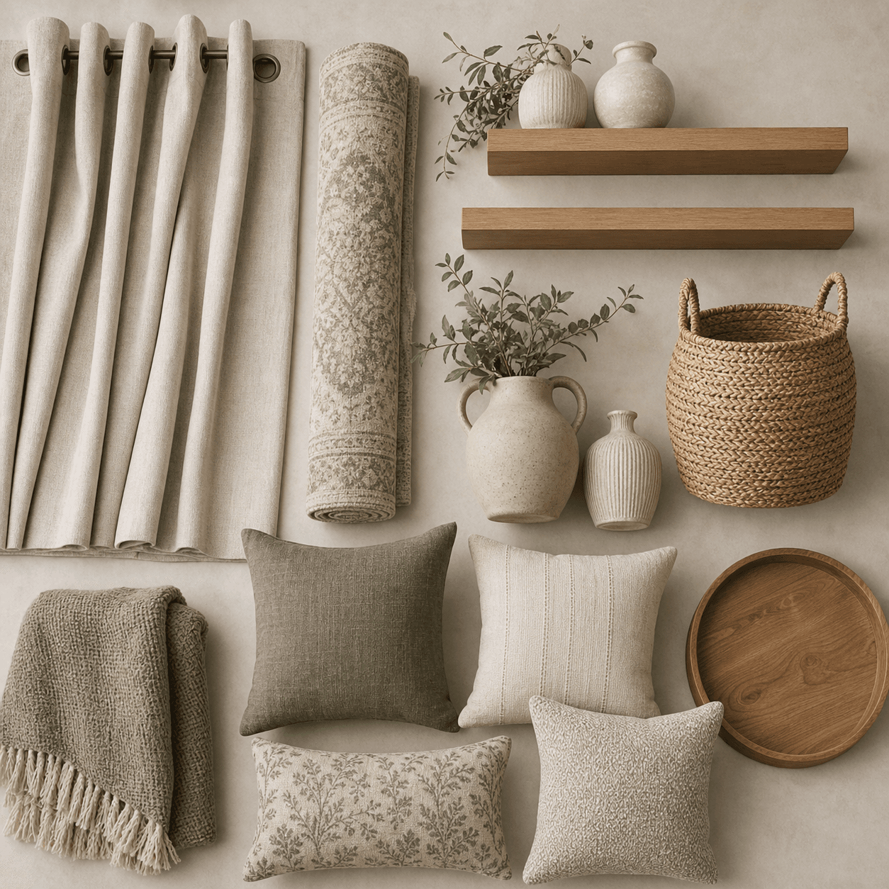 Whole-Room Makeover Bundle: curtains, a rug, cushion covers, a throw, two rated shelves, three vases, a basket and a tray