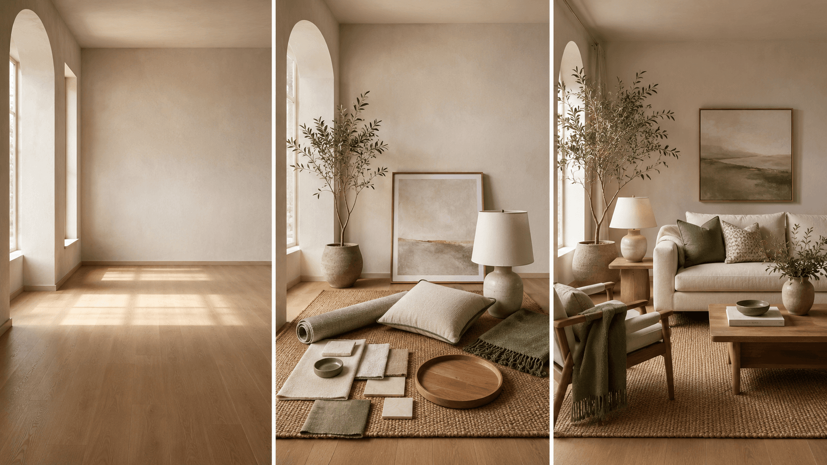 Three interior vignettes showing a room before, mid-styling with a chosen set, and finished