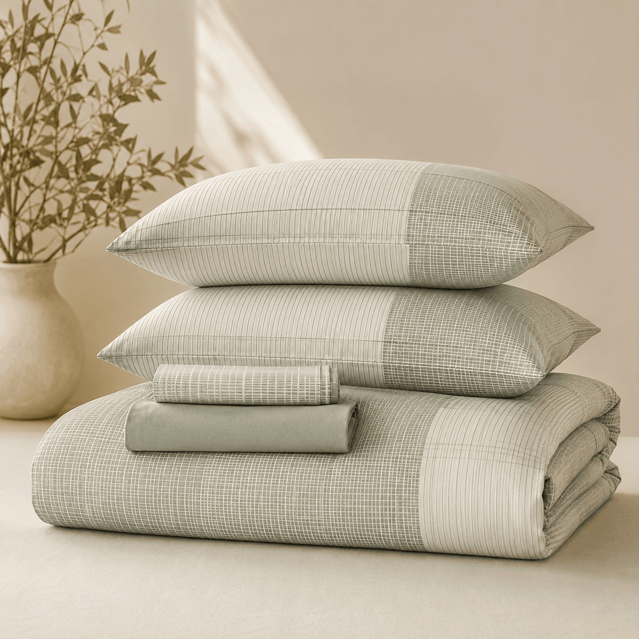 A folded four-piece bedding set with a subtle geometric line pattern in sage and off-white
