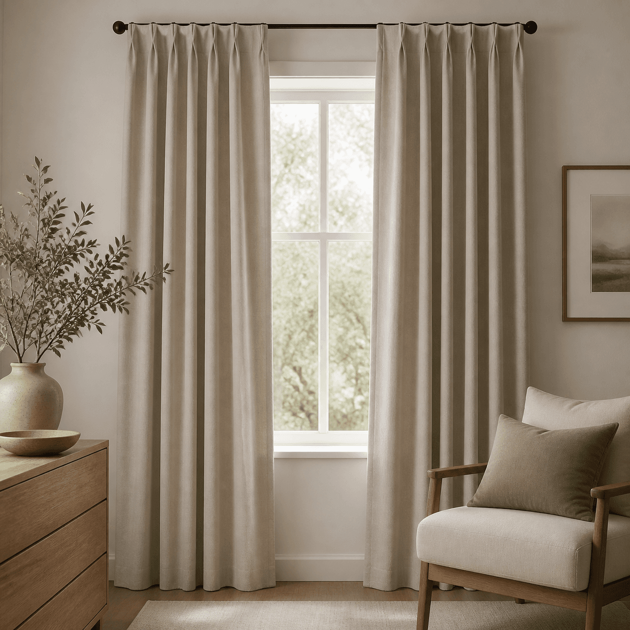 Window & Light Set: a pair of neutral blackout-lined curtains, two tiebacks and two cushion covers