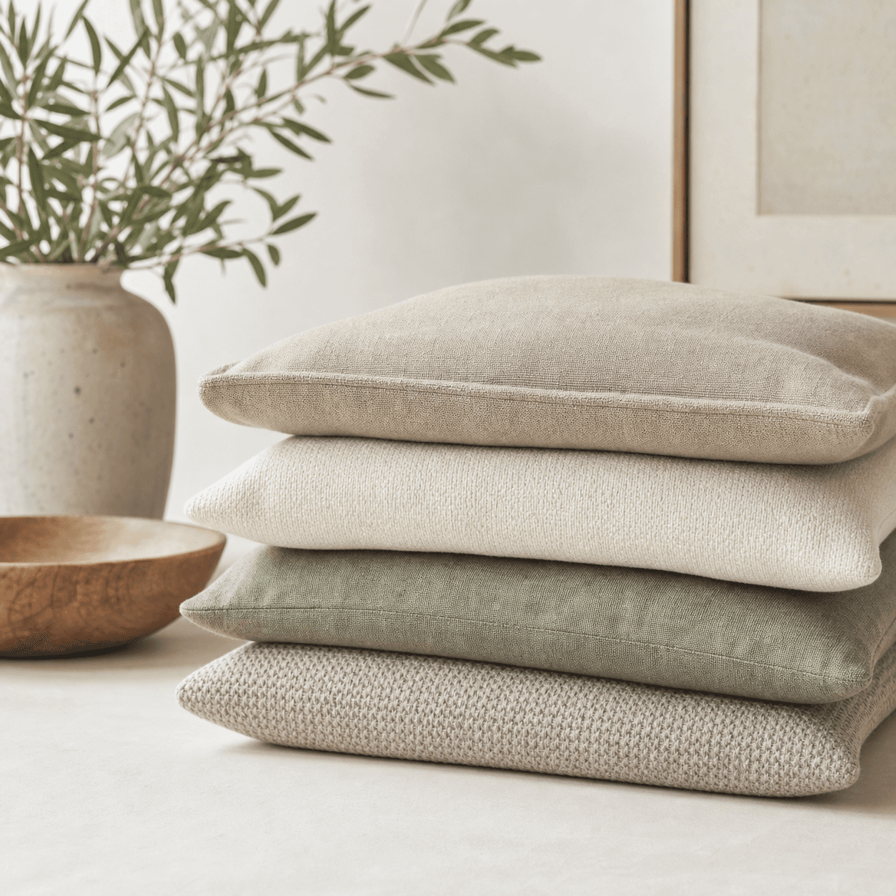 A stacked set of four neutral-tone woven cushion covers in greige, oatmeal and sage