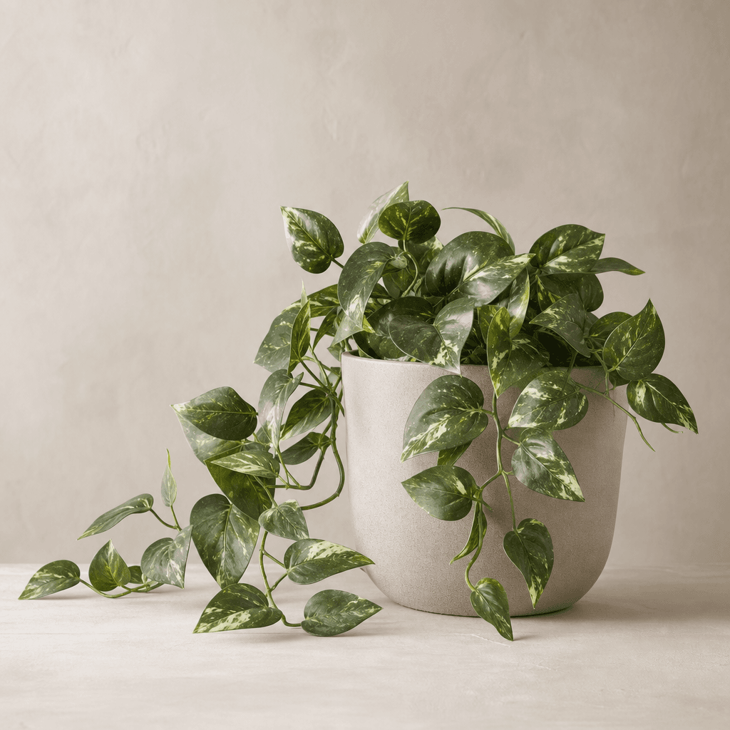 A faux trailing green plant in a matte ceramic pot, realistic artificial foliage