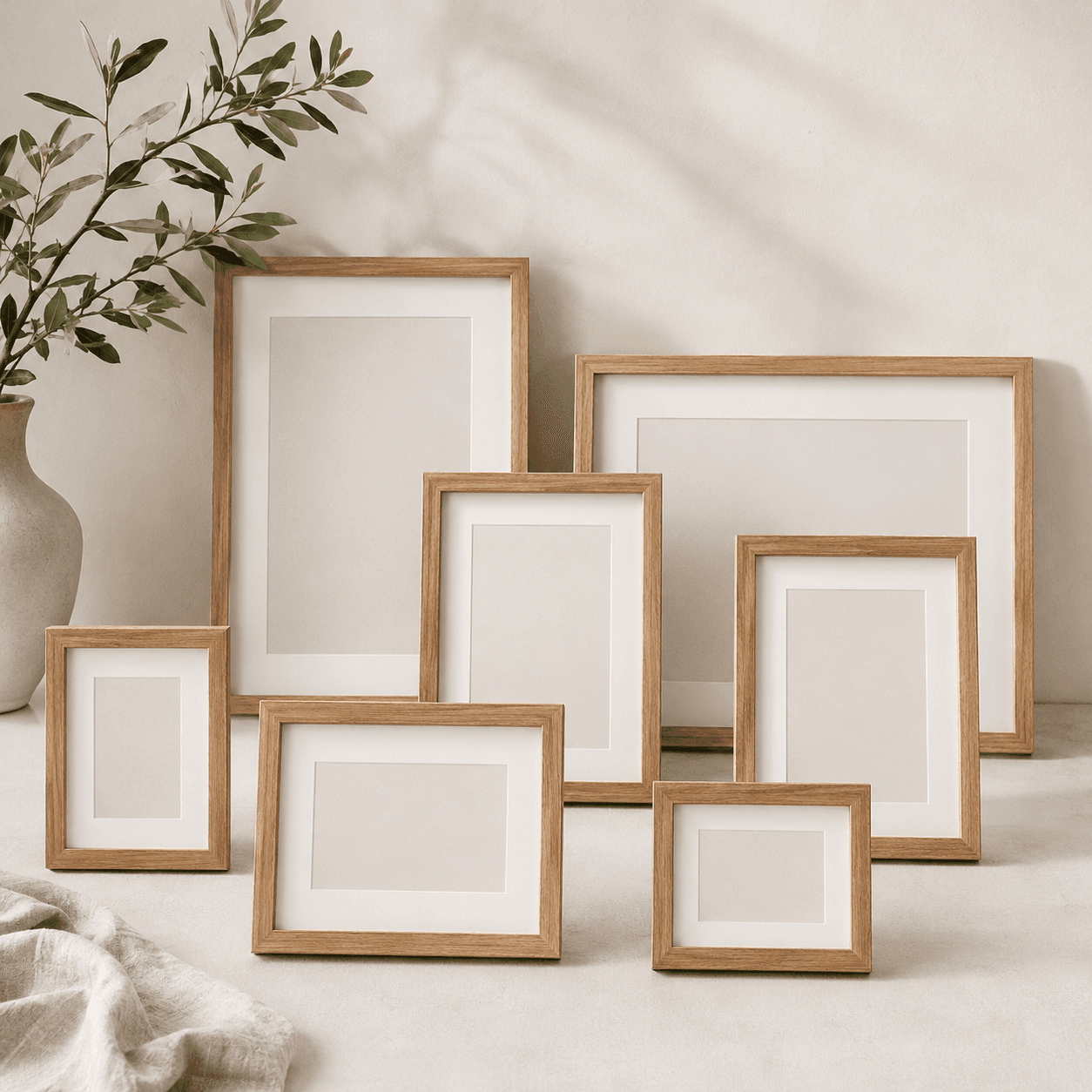 A set of seven mixed-size oak and off-white picture frames with blank neutral mounts