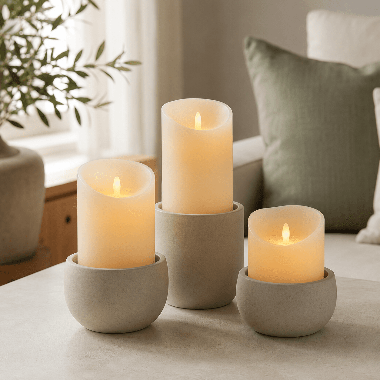 A set of flameless LED electronic candles with soft warm glowing tops on three ceramic holders