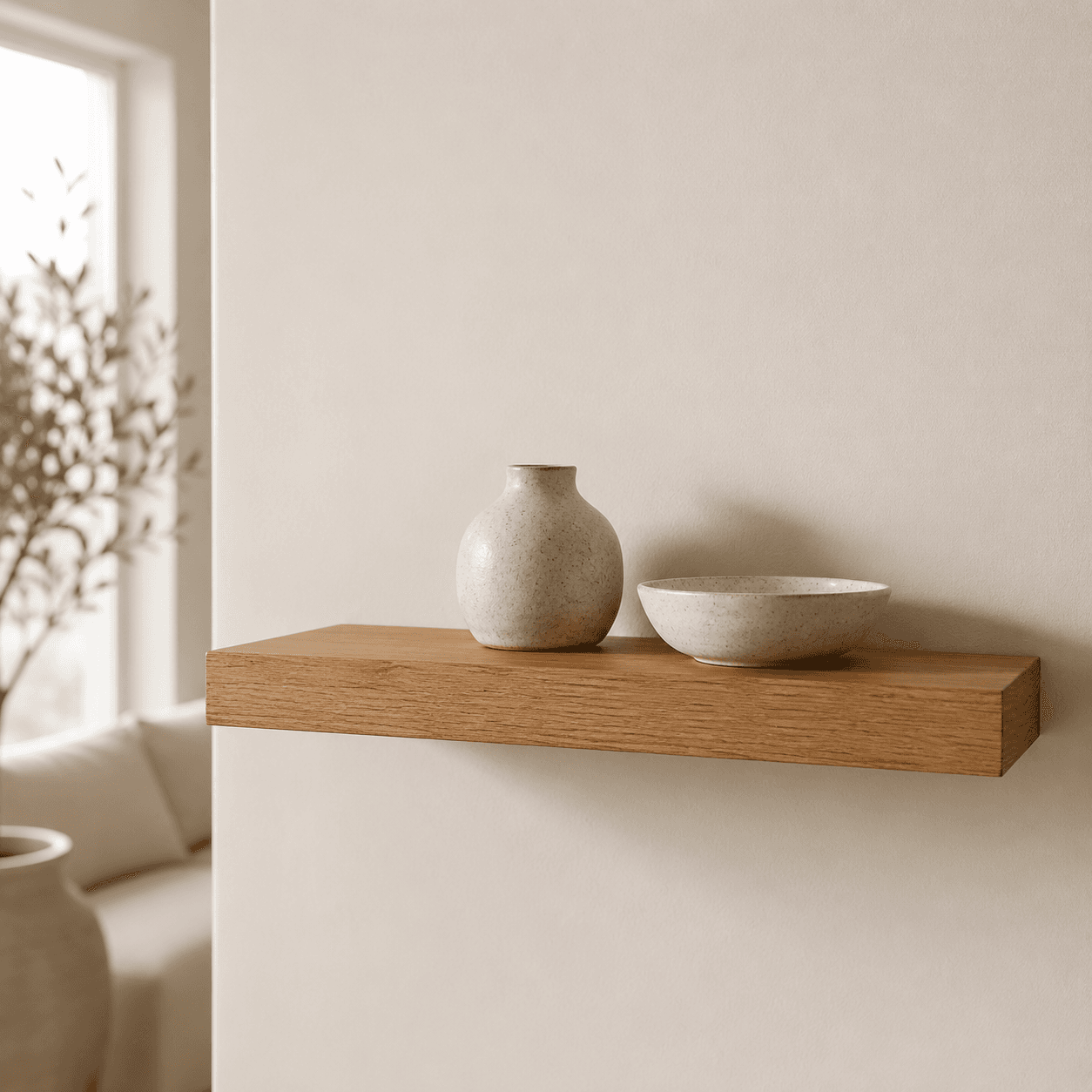 Scandi Shelf Styling Set: two rated floating shelves, three ceramic vases, a faux trailing plant and two objects