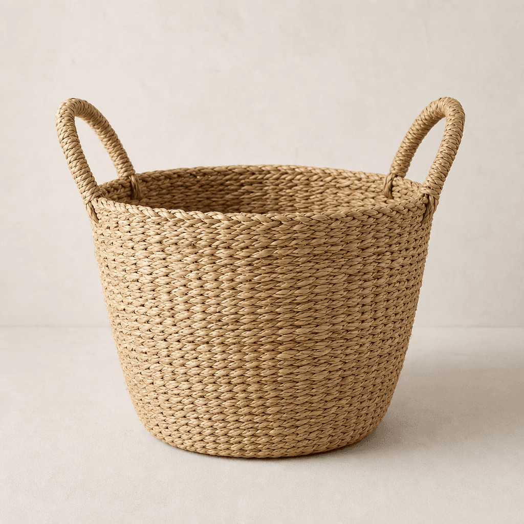 A single natural seagrass woven storage basket with handles