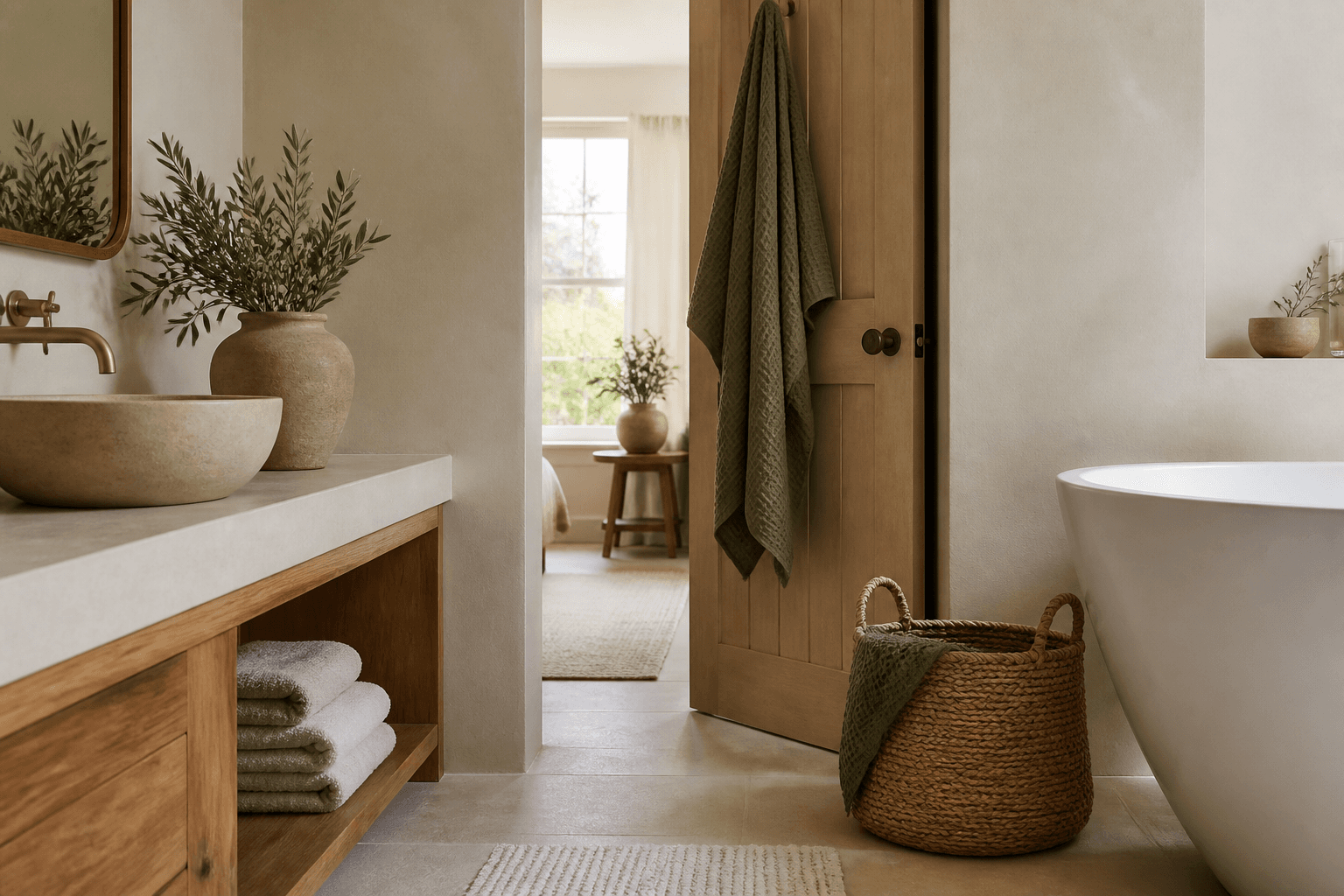 Bathroom Spa Set: bath and hand towels, a woven basket, an over-door hook and a non-slip bath mat