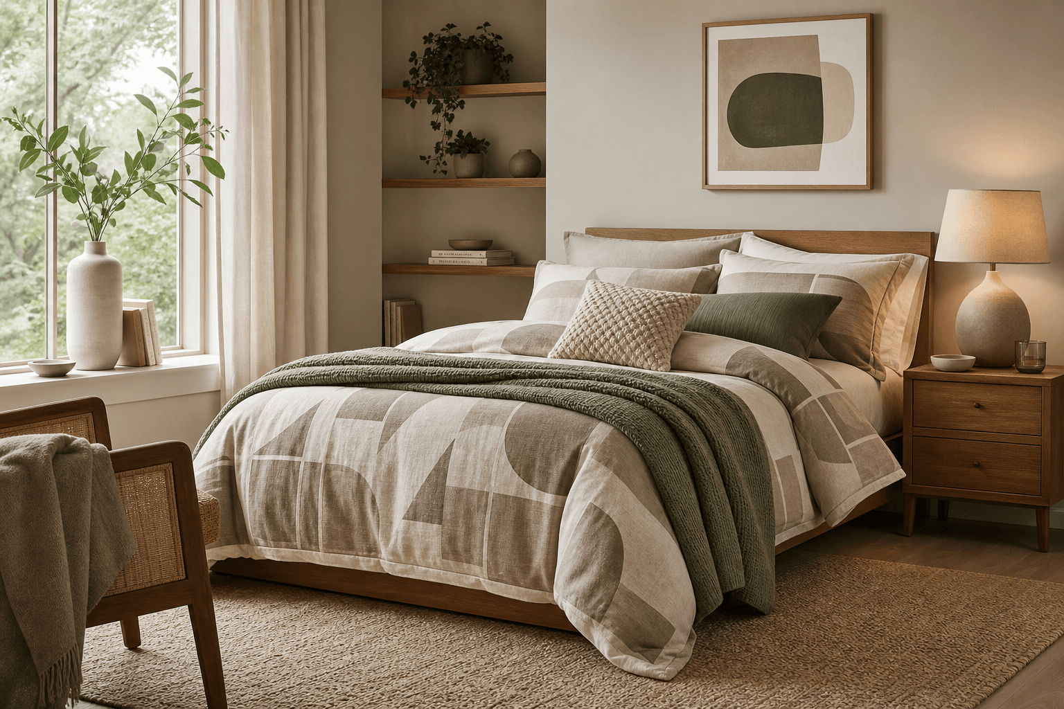 Guest Room Ready Bundle: plain bedding set, two bath towels, a throw and two cushion covers