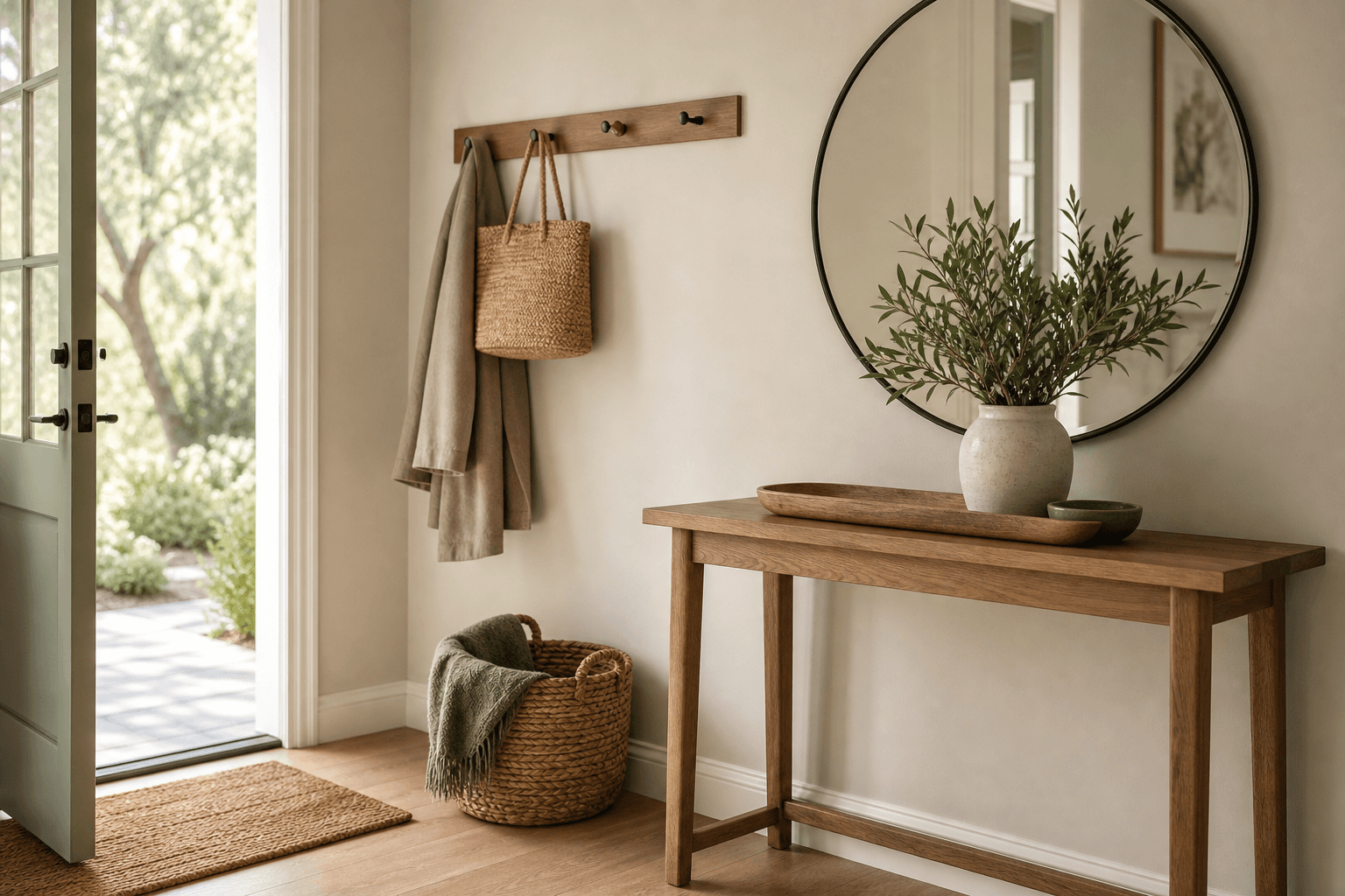 Entryway Makeover Kit: rated door hooks, a doormat, a narrow console tray and a woven basket