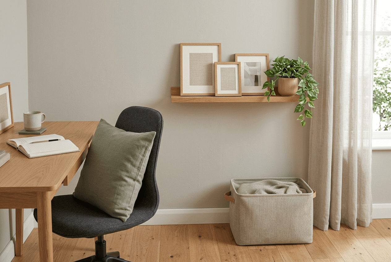 Home Office Corner Set: a rated desk-side shelf, a fabric storage box, three frames and a faux plant