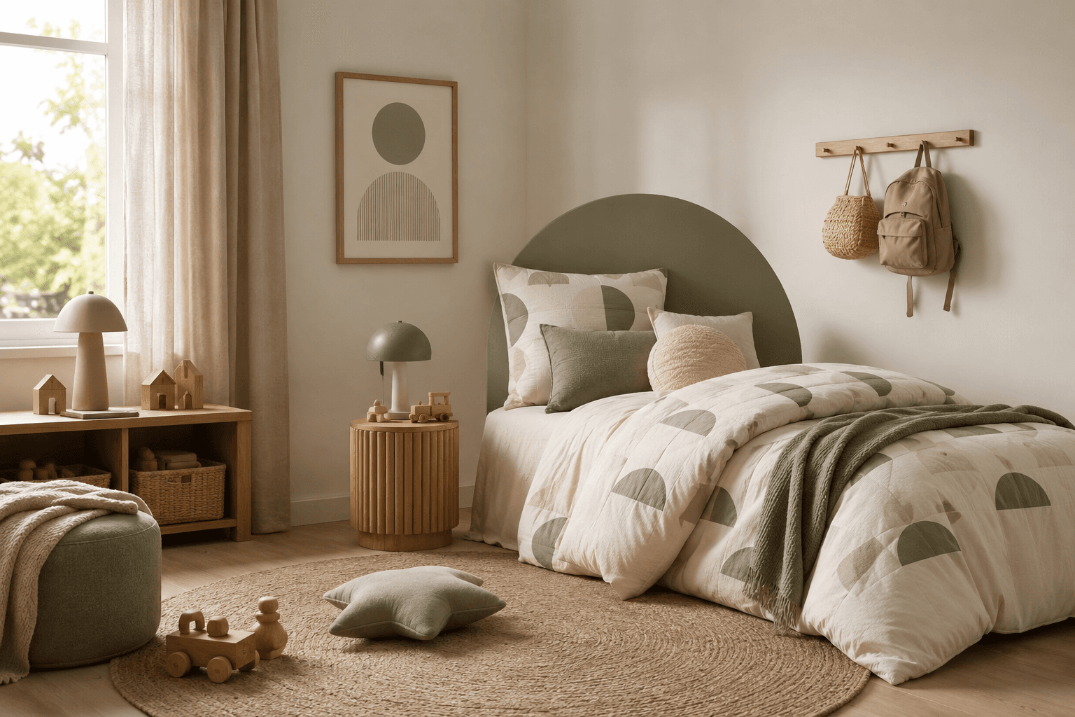 Kids' Room Soft Set: playful geometric bedding, two cushion covers, a soft rug and a rated hook