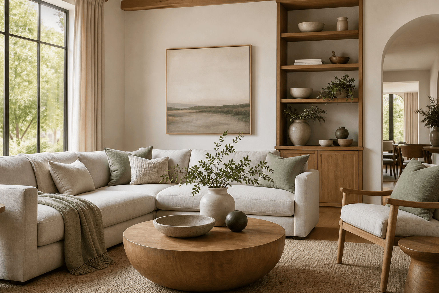 A styled living room refreshed with layered textiles, a shelf display and a soft rug